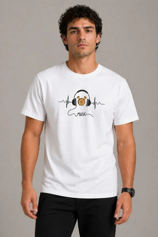 Erkek Müzik Temalı Baskılı Tişört Bisiklet Yaka Kısa Kol T-Shirt - Beyaz (188681)