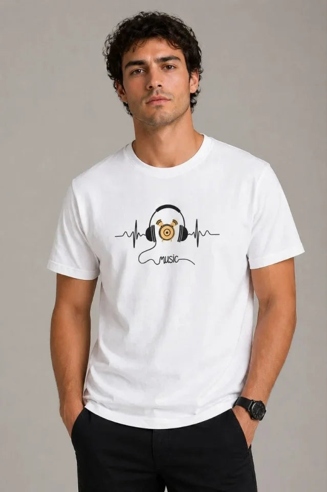 Erkek Müzik Temalı Baskılı Tişört Bisiklet Yaka Kısa Kol T-Shirt - Beyaz (188681)