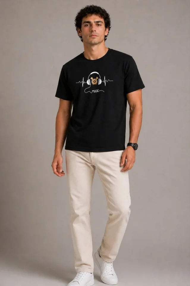 Erkek Müzik Temalı Baskılı Tişört Bisiklet Yaka Kısa Kol T-Shirt - Siyah (188682)