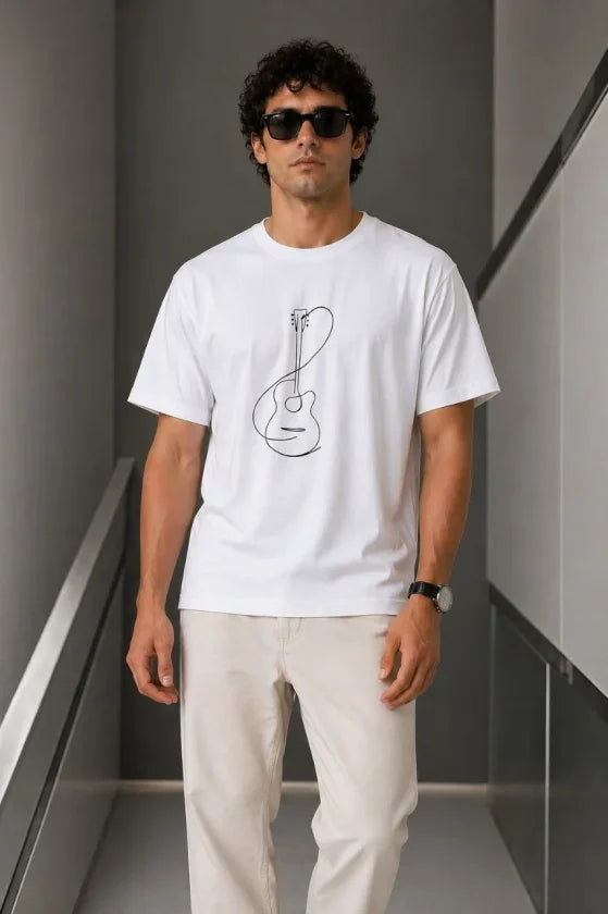 Erkek Minimal Gitar Baskılı Tişört T-Shirt Yazlık Kısa Kol Bisiklet Yaka T-Shirt - Beyaz (188683)