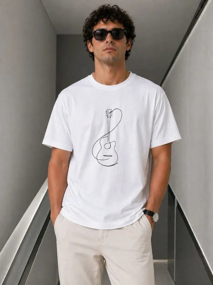 Erkek Minimal Gitar Baskılı Tişört T-Shirt Yazlık Kısa Kol Bisiklet Yaka T-Shirt - Beyaz (188683)