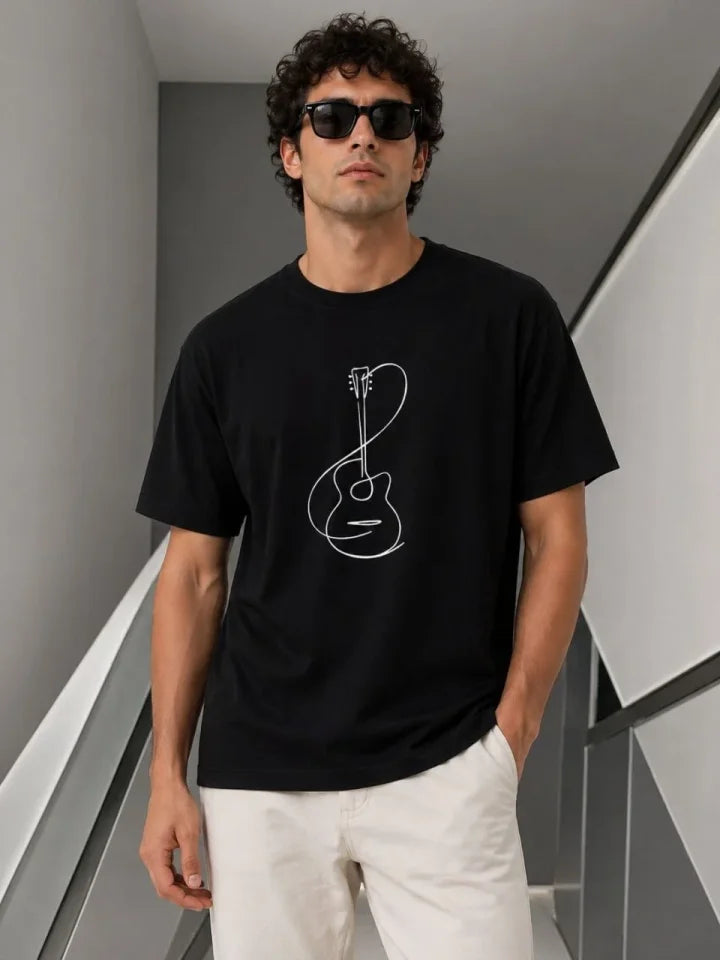 Erkek Minimal Gitar Baskılı Tişört T-Shirt Yazlık Kısa Kol Bisiklet Yaka T-Shirt - Siyah (188684)