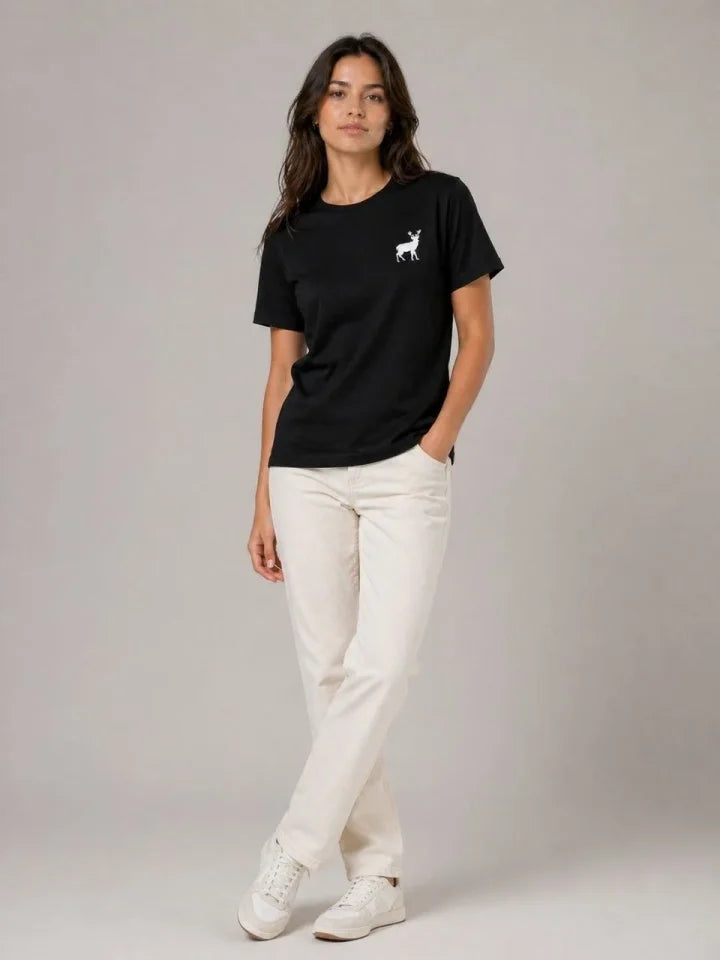 Minimal Geyik Logolu Tişört Bisiklet Yaka Kısa Kol Yazlık T-Shirt - Siyah (188741)