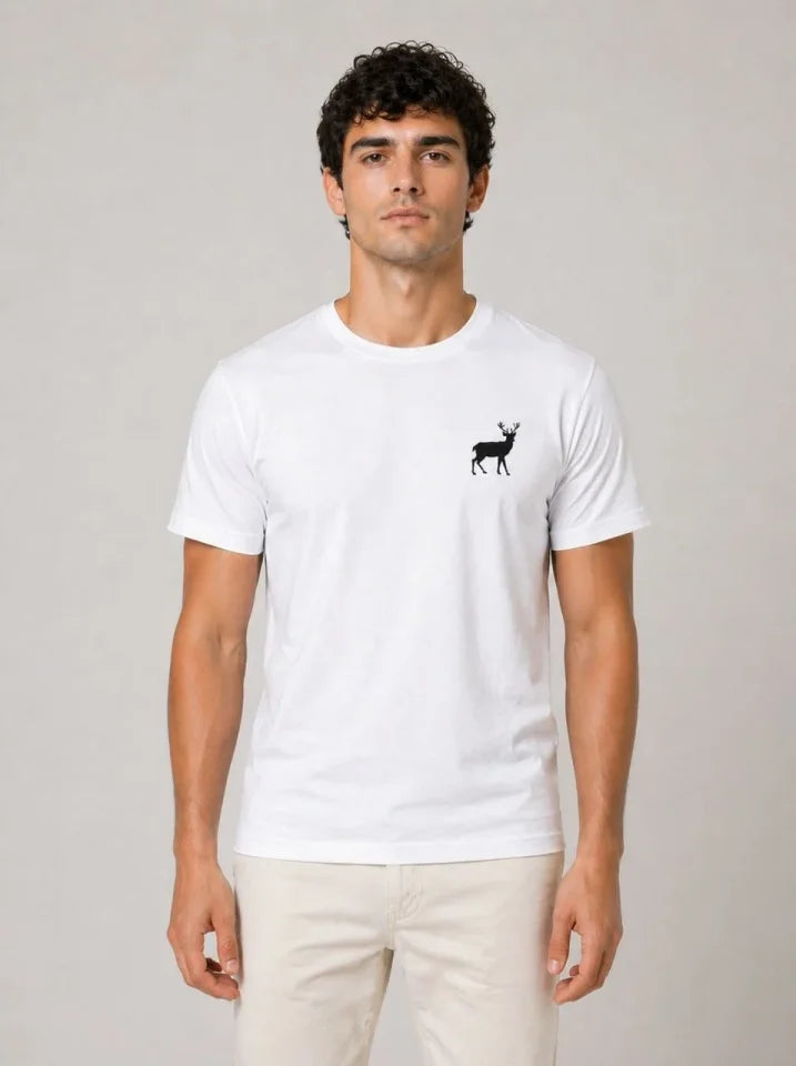 Erkek Minimal Geyik Logolu Tişört Bisiklet Yaka Kısa Kol Yazlık T-Shirt - Beyaz (188742)