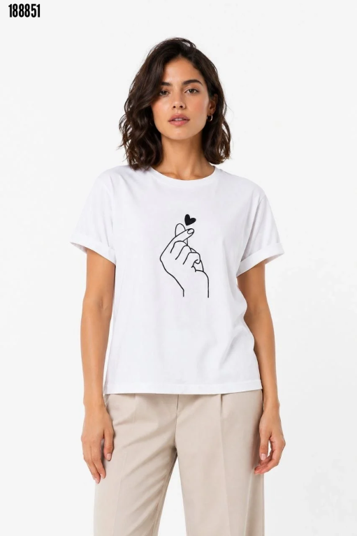 Kore Parmak Kalp Aşk Temalı Minimal Baskılı Tişört Yazlık Kısa Kol TShirt Beyaz