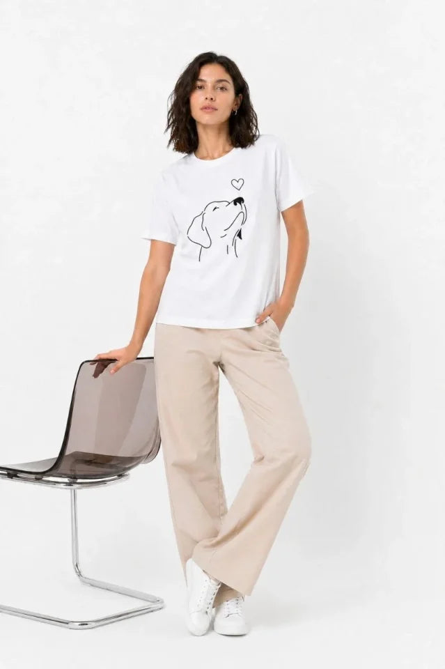 Köpek Figürlü Minimal Baskılı Tişört Kısa Kol Yazlık T-Shirt - Beyaz (188853)