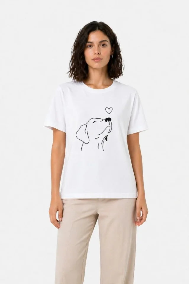 Köpek Figürlü Minimal Baskılı Tişört Kısa Kol Yazlık T-Shirt - Beyaz (188853)