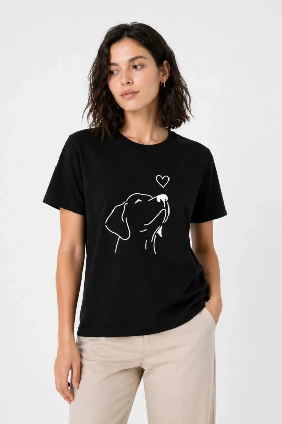 Köpek Figürlü Minimal Baskılı Tişört Kısa Kol Yazlık T-Shirt - Siyah (188854)