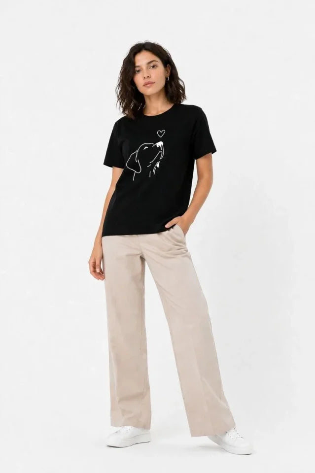 Köpek Figürlü Minimal Baskılı Tişört Kısa Kol Yazlık T-Shirt - Siyah (188854)