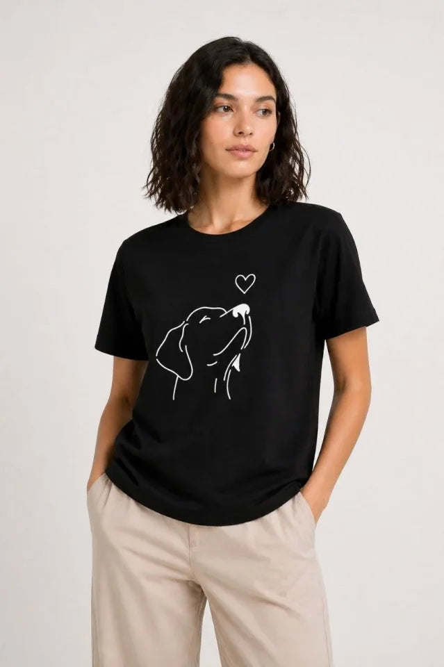 Köpek Figürlü Minimal Baskılı Tişört Kısa Kol Yazlık T-Shirt - Siyah (188854)
