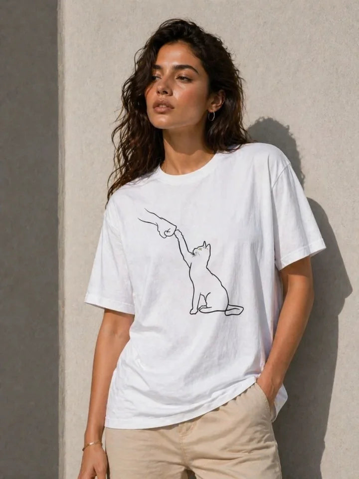 Minimal Kedi Çizim Baskılı Tişört Kısa Kol Yazlık T-Shirt - Beyaz (188857)