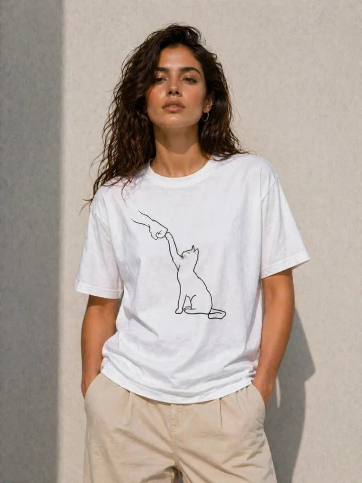 Minimal Kedi Çizim Baskılı Tişört Kısa Kol Yazlık T-Shirt - Beyaz (188857)