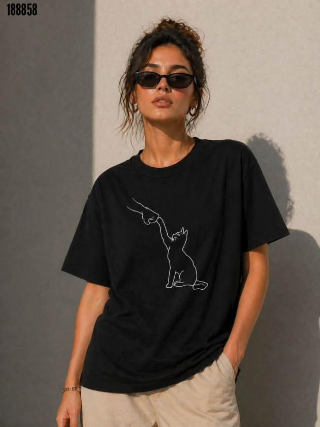 Minimal Kedi Çizim Baskılı Tişört Kısa Kol Yazlık TShirt Siyah