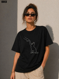 Minimal Kedi Çizim Baskılı Tişört Kısa Kol Yazlık TShirt Siyah