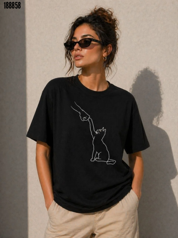 Minimal Kedi Çizim Baskılı Tişört Kısa Kol Yazlık TShirt Siyah