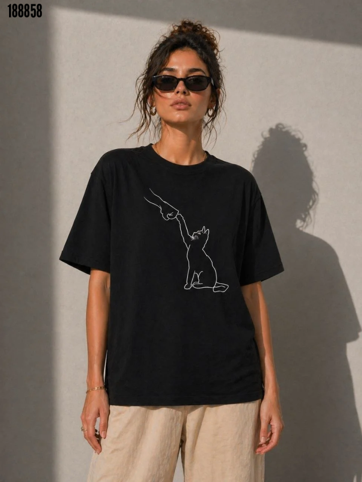 Minimal Kedi Çizim Baskılı Tişört Kısa Kol Yazlık TShirt Siyah