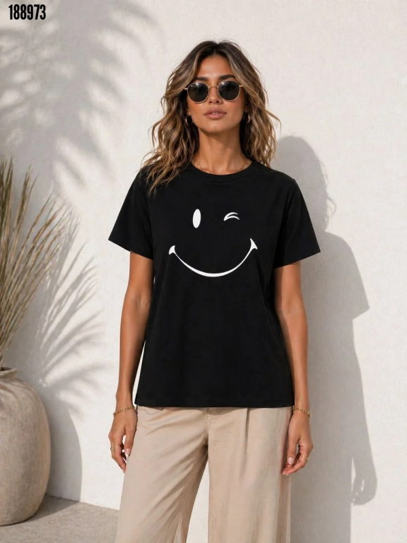 Minimal Gülümseyen Yüz Baskılı Tişört Kısa Kol Yazlık TShirt Siyah