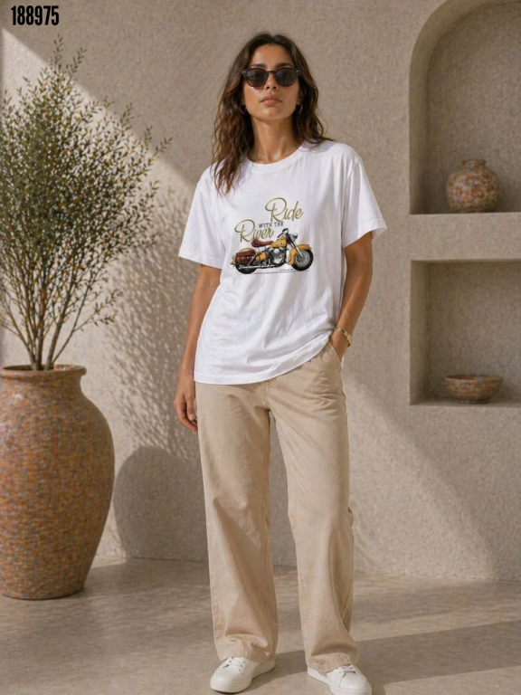 Motosiklet Baskılı Tişört Bisiklet Yaka Kısa Kol Yazlık TShirt Beyaz