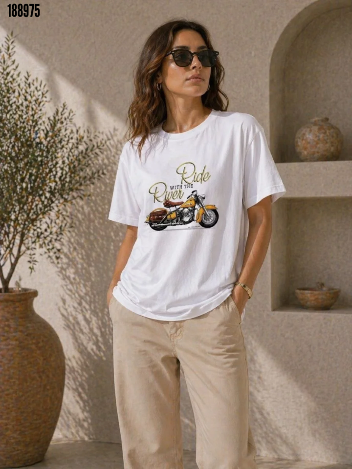Motosiklet Baskılı Tişört Bisiklet Yaka Kısa Kol Yazlık TShirt Beyaz