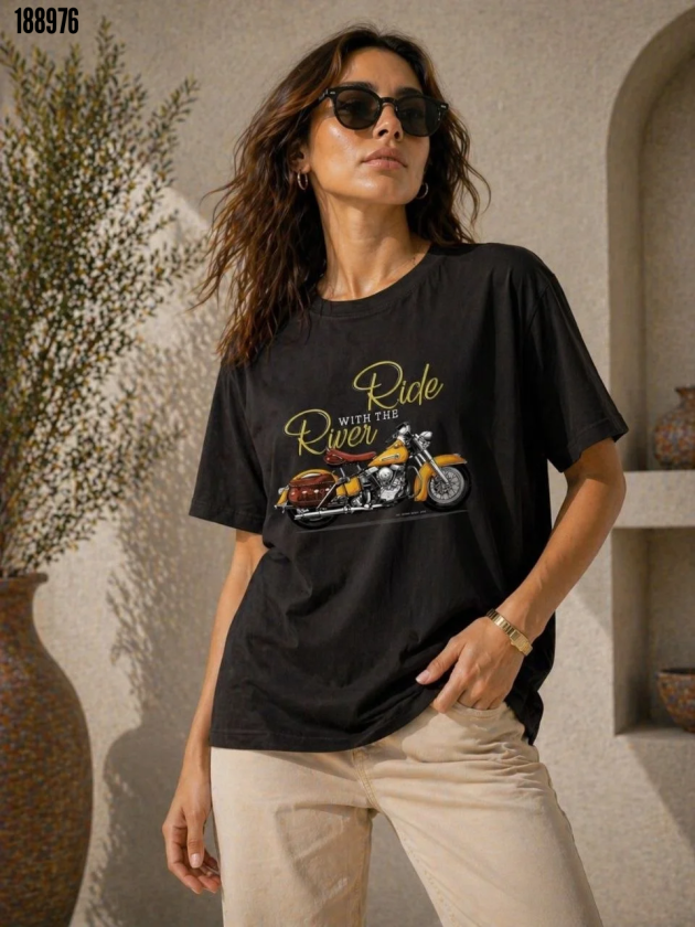 Motosiklet Baskılı Tişört Bisiklet Yaka Kısa Kol Yazlık TShirt Siyah