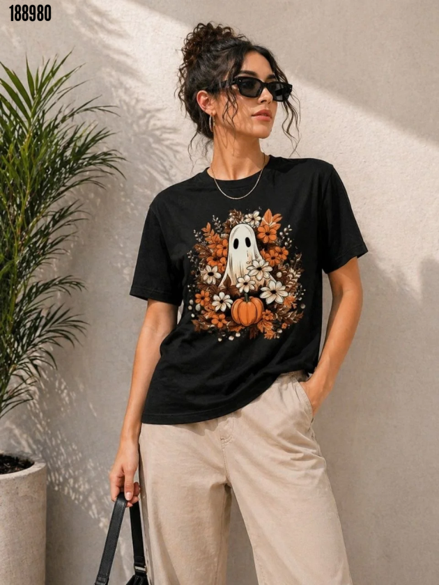 Balkabağı Hayalet Baskılı Tişört Kısa Kol Yazlık TShirt Siyah