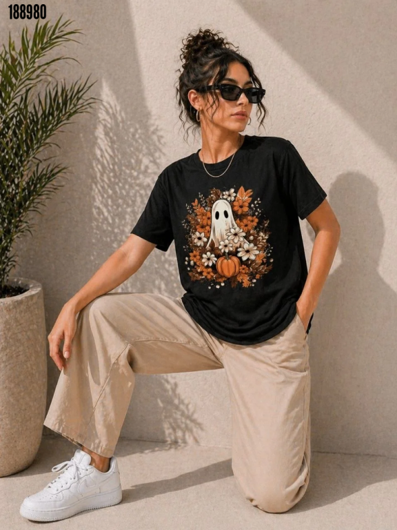 Balkabağı Hayalet Baskılı Tişört Kısa Kol Yazlık TShirt Siyah
