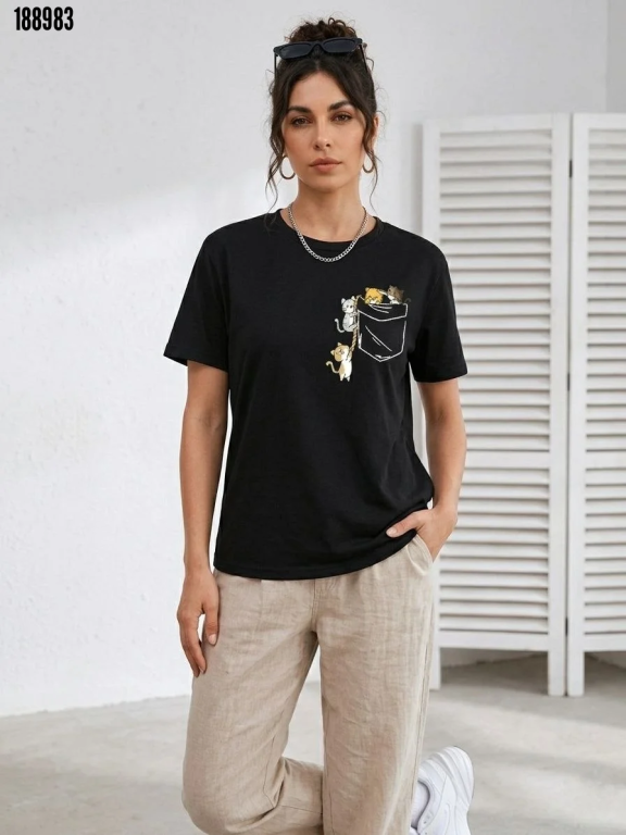 Sevimli Kedi Cep Baskılı Tişört Kısa Kol Yazlık TShirt Siyah