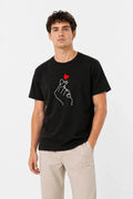 Erkek Kore Parmak Kalp Aşk Temalı Minimal Baskılı Tişört Yazlık Kısa Kol T-Shirt - Siyah (188985)