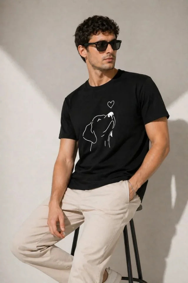 Erkek Köpek Figürlü Minimal Baskılı Tişört Kısa Kol Yazlık T-Shirt - Siyah (188986)