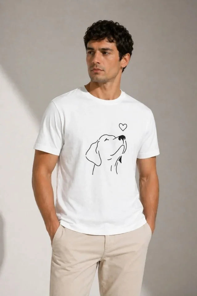 Erkek Köpek Figürlü Minimal Baskılı Tişört Kısa Kol Yazlık T-Shirt - Beyaz (188987)