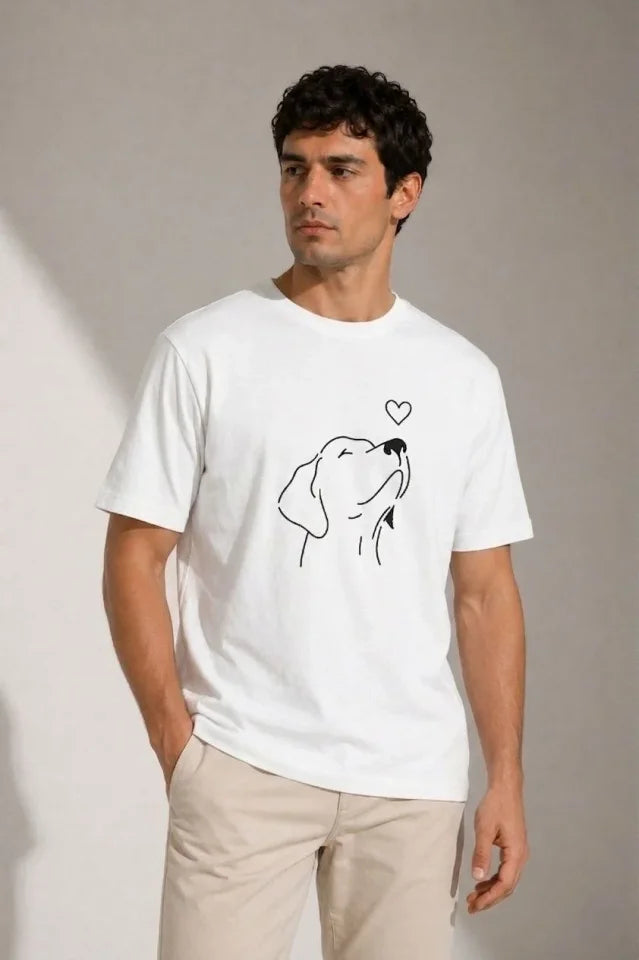 Erkek Köpek Figürlü Minimal Baskılı Tişört Kısa Kol Yazlık T-Shirt - Beyaz (188987)