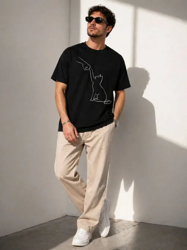 Erkek Minimal Kedi Çizim Baskılı Tişört Kısa Kol Yazlık T-Shirt - Siyah (188988)