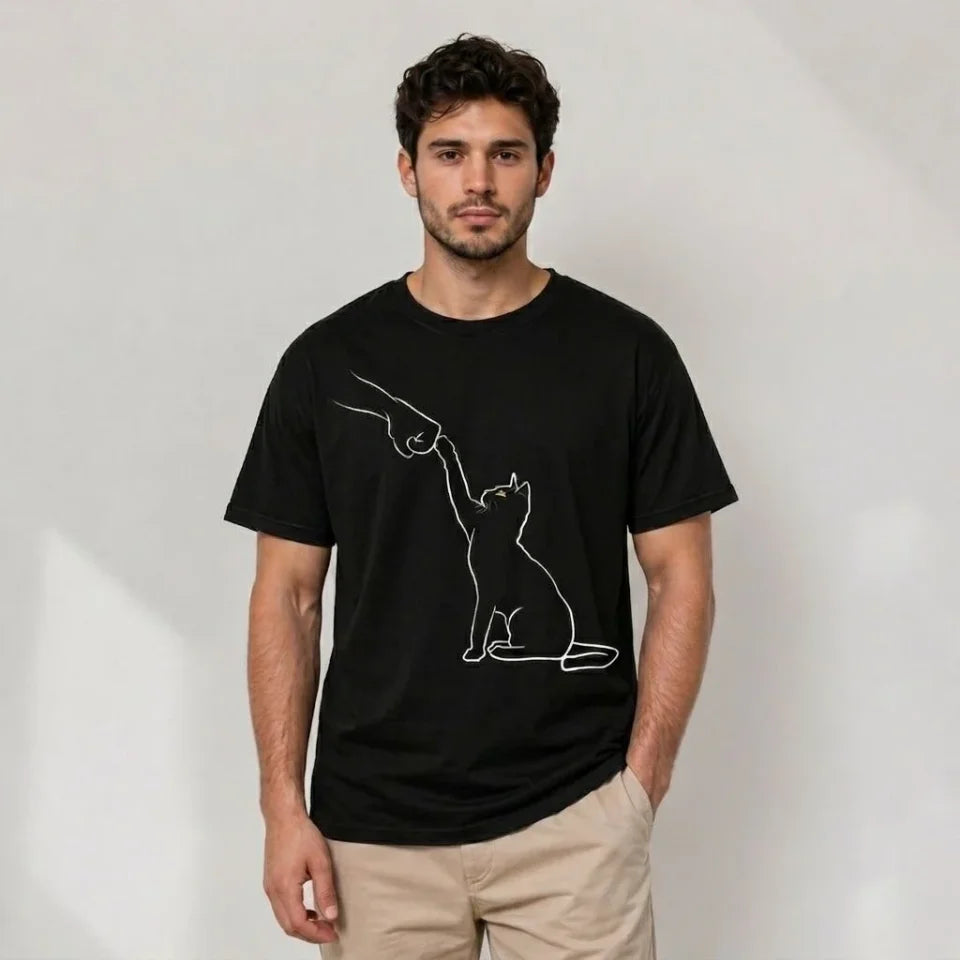 Erkek Minimal Kedi Çizim Baskılı Tişört Kısa Kol Yazlık T-Shirt - Siyah (188988)
