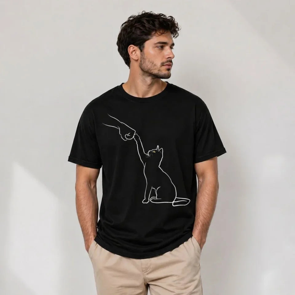 Erkek Minimal Kedi Çizim Baskılı Tişört Kısa Kol Yazlık T-Shirt - Siyah (188988)