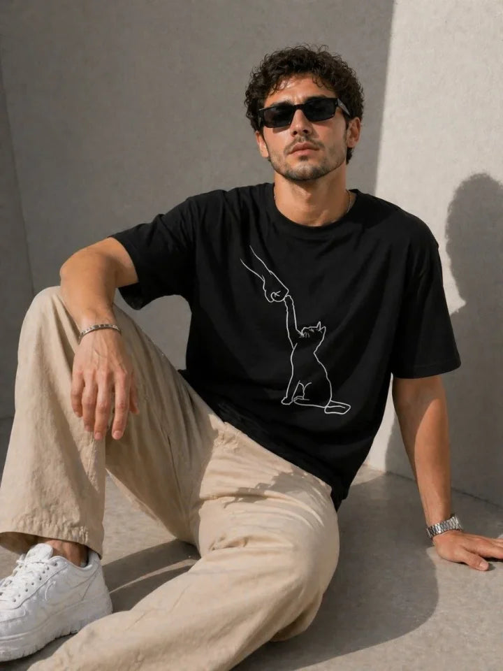 Erkek Minimal Kedi Çizim Baskılı Tişört Kısa Kol Yazlık T-Shirt - Siyah (188988)