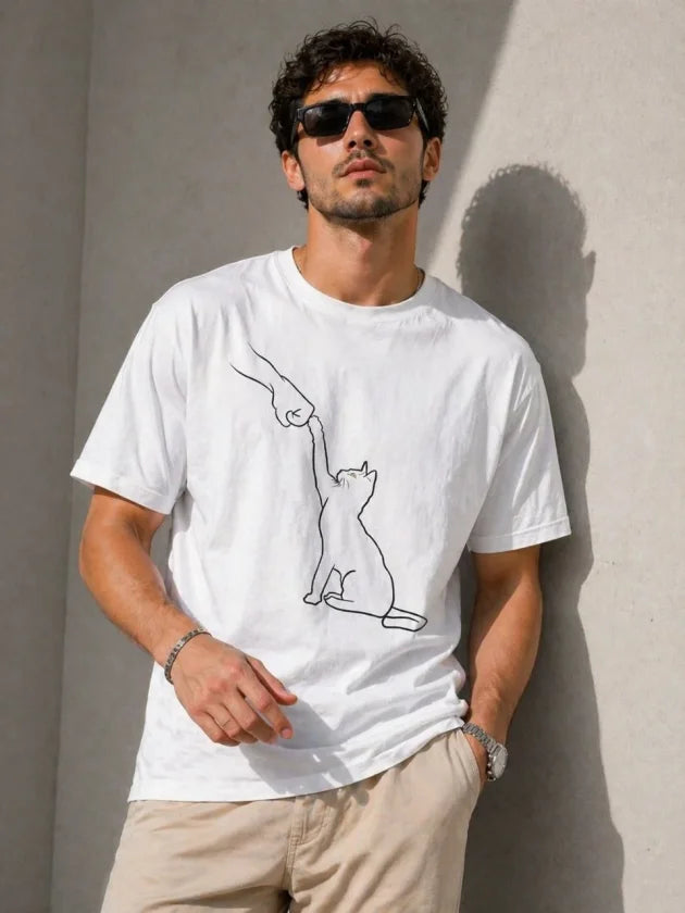 Erkek Minimal Kedi Çizim Baskılı Tişört Kısa Kol Yazlık T-Shirt - Beyaz (188989)