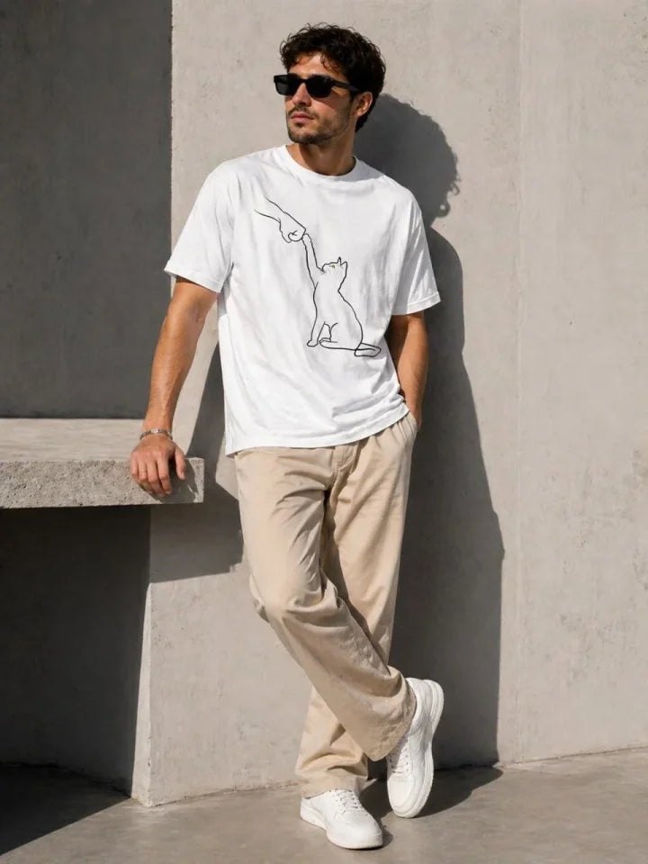 Erkek Minimal Kedi Çizim Baskılı Tişört Kısa Kol Yazlık T-Shirt - Beyaz (188989)