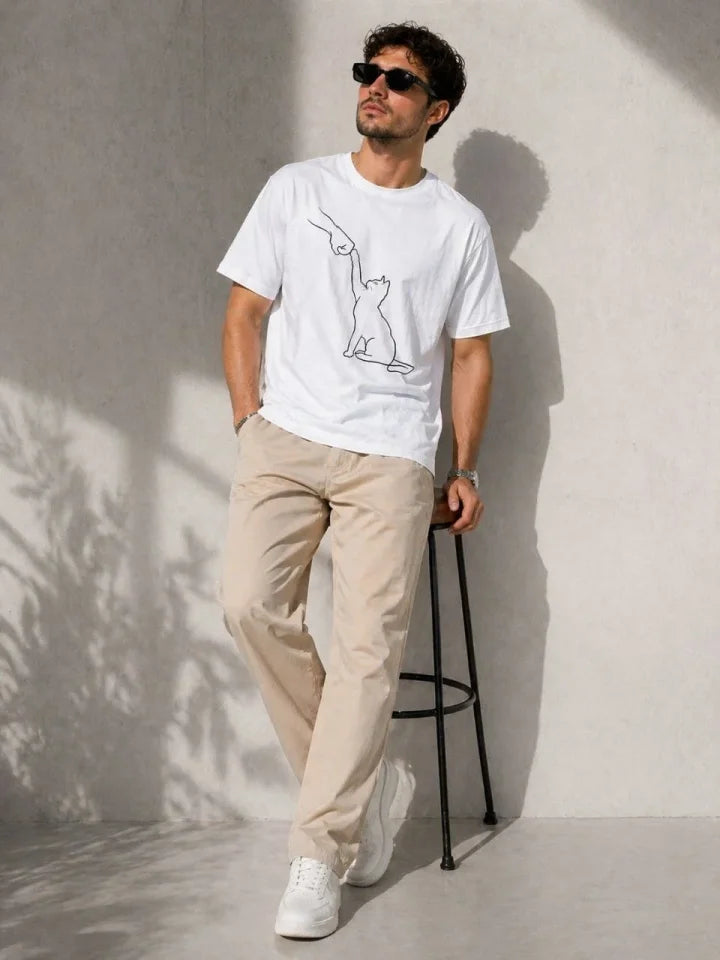 Erkek Minimal Kedi Çizim Baskılı Tişört Kısa Kol Yazlık T-Shirt - Beyaz (188989)