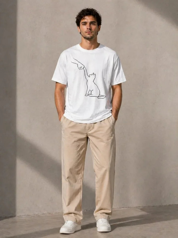 Erkek Minimal Kedi Çizim Baskılı Tişört Kısa Kol Yazlık T-Shirt - Beyaz (188989)