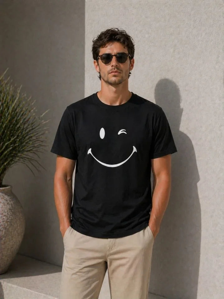 Erkek Minimal Gülümseyen Yüz Baskılı Tişört Kısa Kol Yazlık T-Shirt - Siyah (188991)