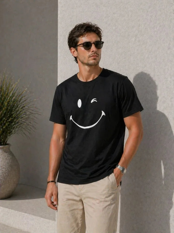 Erkek Minimal Gülümseyen Yüz Baskılı Tişört Kısa Kol Yazlık T-Shirt - Siyah (188991)
