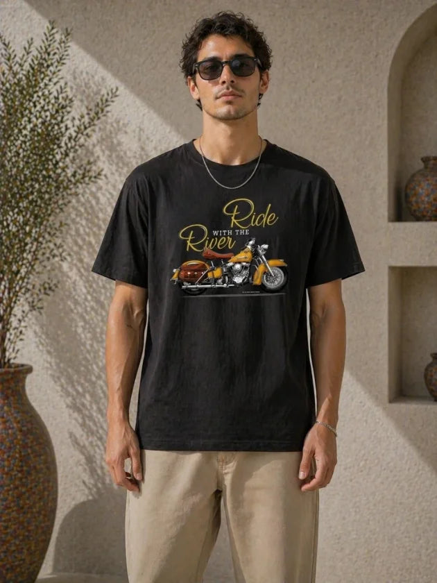 Erkek Motosiklet Baskılı Tişört Bisiklet Yaka Kısa Kol Yazlık T-Shirt - Siyah (188993)