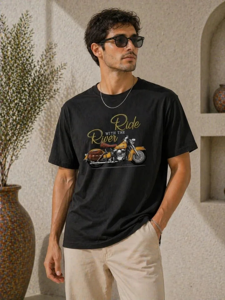 Erkek Motosiklet Baskılı Tişört Bisiklet Yaka Kısa Kol Yazlık T-Shirt - Siyah (188993)