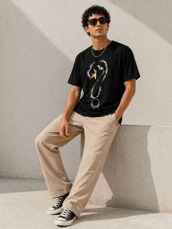 Erkek Kuğu Figürlü Soru İşareti Baskılı Tişört Kısa Kol T-Shirt - Siyah (188995)