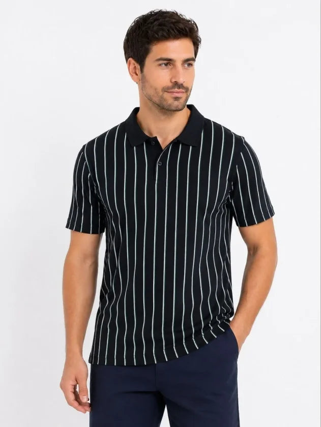 Erkek Pike Kumaş Çizgili Polo Yaka Tişört Kısa Kol Yazlık T-Shirt - Siyah (189014)