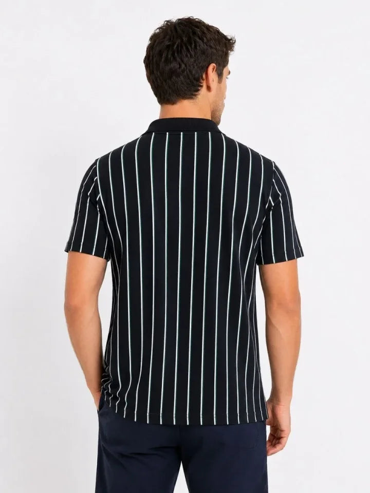 Erkek Pike Kumaş Çizgili Polo Yaka Tişört Kısa Kol Yazlık T-Shirt - Siyah (189014)