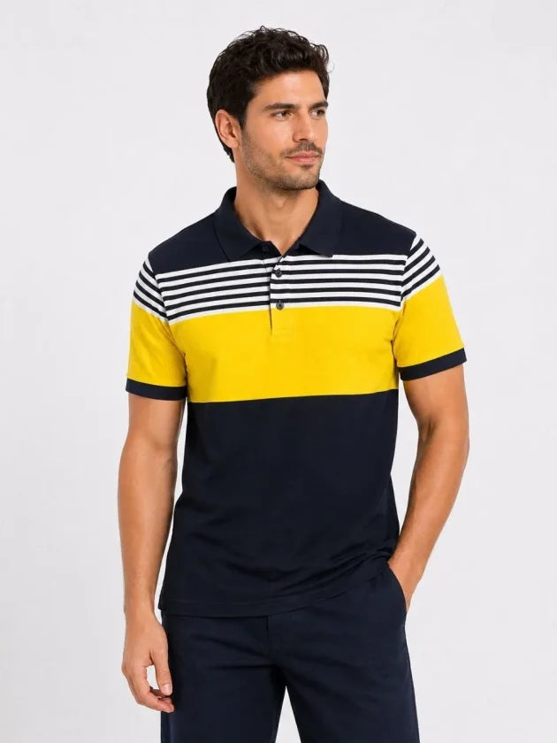 Erkek Pike Kumaş Çizgili Polo Yaka Tişört Kısa Kol Yazlık T-Shirt - Lacivert (189019)