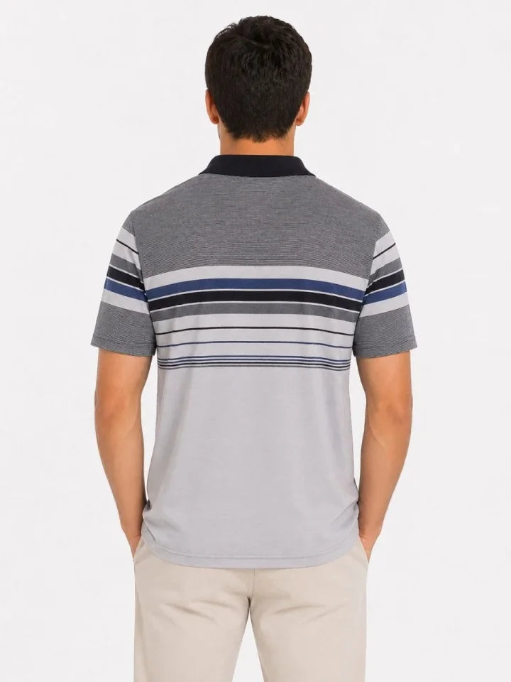 Erkek Flamlı Penye Çizgili Polo Yaka Tişört Kısa Kol Yazlık T-Shirt - Gri (189020)