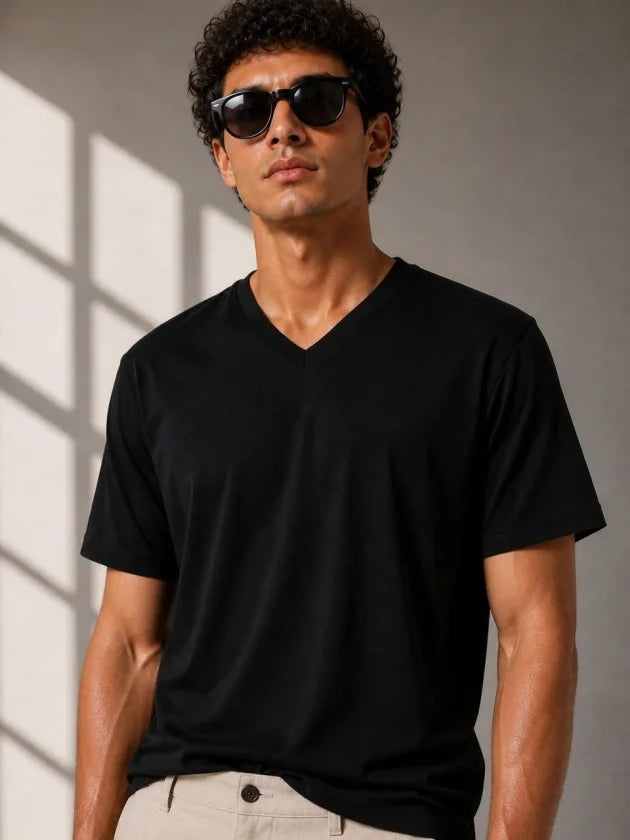 Erkek V Yaka Basic Tişört Kısa Kol Yazlık Regular Fit T-Shirt - Siyah (189118)