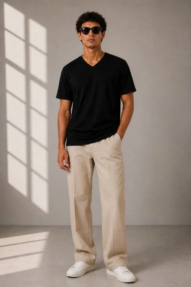 Erkek V Yaka Basic Tişört Kısa Kol Yazlık Regular Fit T-Shirt - Siyah (189118)